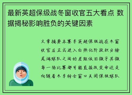 最新英超保级战冬窗收官五大看点 数据揭秘影响胜负的关键因素