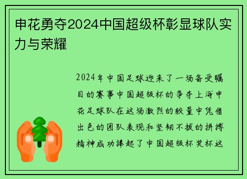 申花勇夺2024中国超级杯彰显球队实力与荣耀